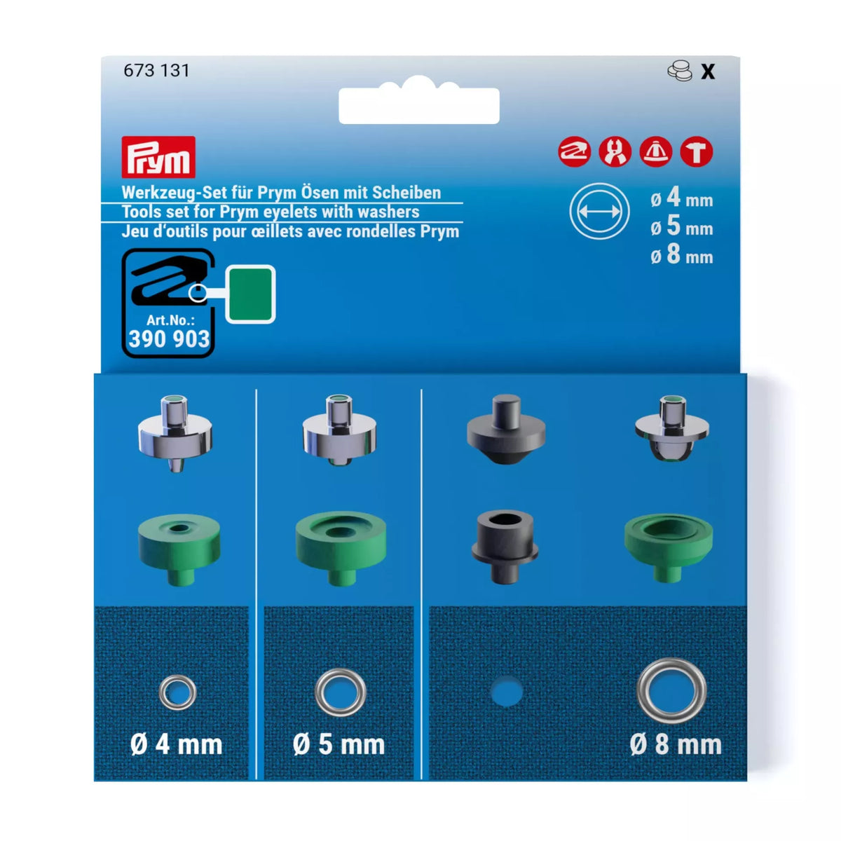 Jeu d'outils pour œillets avec rondelles Prym, 4, 5 et 8 mm