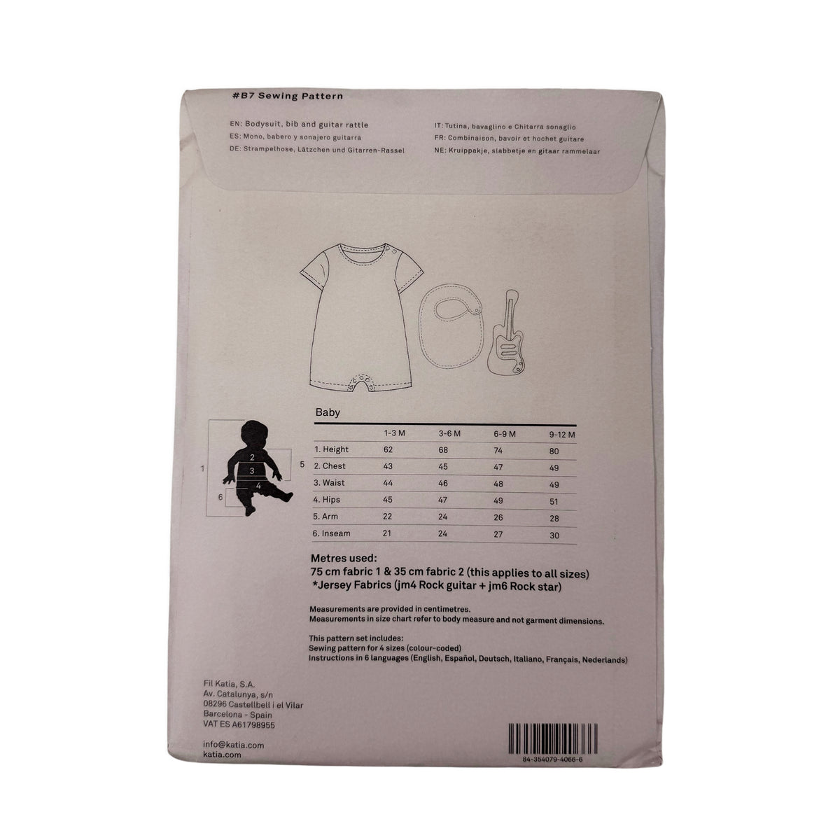 Patron de couture Katia Fabrics B7 – Combinaison, bavoir et hochet guitare